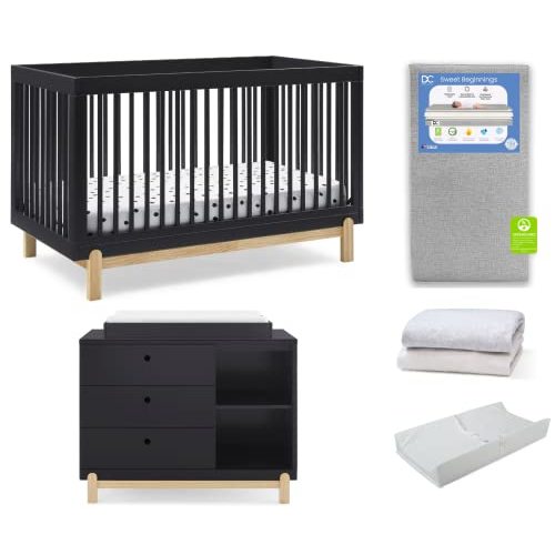 Delta Children Poppy 6-Piece Baby Nursery Furniture SetIncludes: Convertible Crib, Dresser, Changing Top, Mattress, Sheets, & Changing Pad, Midnight Grey w/Natural