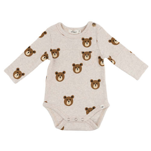 oh baby! Pocket Onesie - Teddy Bear Face Print - Malt