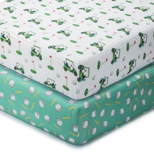 LollyBanks Muslin Crib Sheets 2 Pack, 100% Cotton Neutral Baby Crib Sheets for Standard 52"x28" Mattress, Soft Fitted Sheet for Boys and Girls, Baby Bedding Essentials (Golf Cart and Golf Balls)