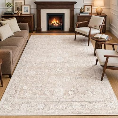 6x9 Beige Neutral Floral Living Room Area Rug