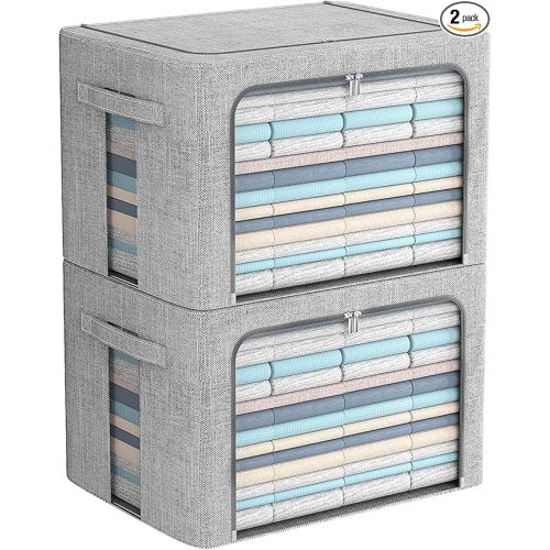 2 Pack Clear Window Storage Bins - Large Stackable Linen Fabric Storage for Clothes Foldable Container Organizer Set with Carrying Handles (Light Gray, 15.7x 11.8x 11.7 Inch)