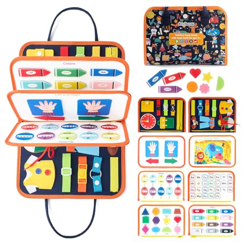 Freebear Busy Board Toddler Travel Sensory Toys for 1 2 3 4, Montessori Learning Activities Board, Educational Toys for 3 4 Year Old Boys Girls Gift, Classic