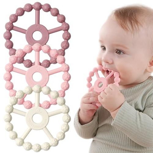 3 Pack Ring Teether Baby Infant Toys, Baby Essentials, Silicone Teething Ring Toys for Babies 0-6 Months, Seposeve Toddler Teethers 6-12 Months 12-24 Months, Infant Teething Relief, Purple Pink White