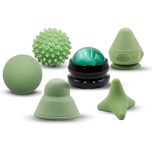 Physical Therapy Pain Relief Massage Ball Set for Trigger Point Release - Myofascial Release Tool & Deep Tissue Massage Set of 6 Pieces - Lacrosse, Spiky, Hand Roller & Mountable Self Massage Ball