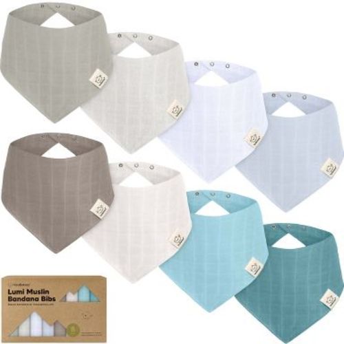 8pk Lumi Muslin Baby Bibs, Bandana Bibs for Baby Boy, Baby Girl, Muslin Drool Bib for Newborn, Toddler Girl, Boy (Nimbus)