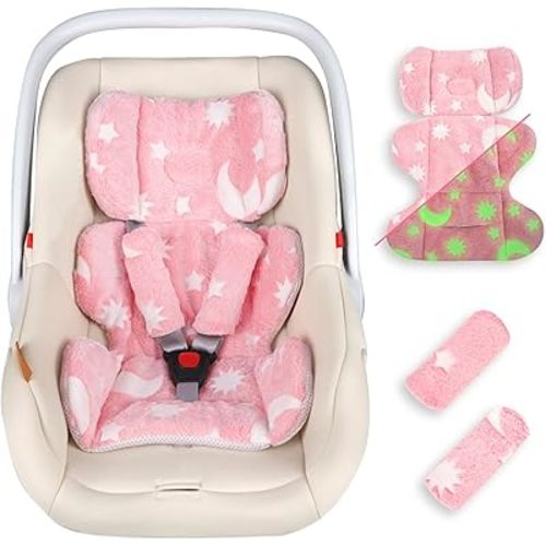 Infant Car Seat Insert Cushion, Baby Car Seat Head Body Support with 2 Extra Strap Paddings, Newborn Car Seat Insert for Baby Girls & Boys, Premature Carseat Cushion, Pink Moon and Star