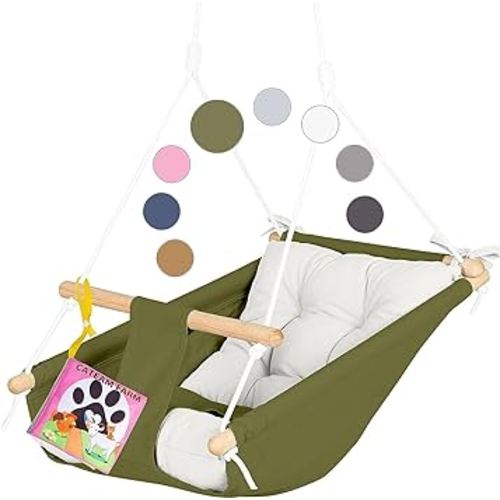 CaTeam - Canvas Kids Swing, Wooden Hanging Swing Seat Chair with Safety Belt, Durable Toddler Swing Chair, Outdoor and Indoor Swing for Kids, Mounting Hardware Included, Green