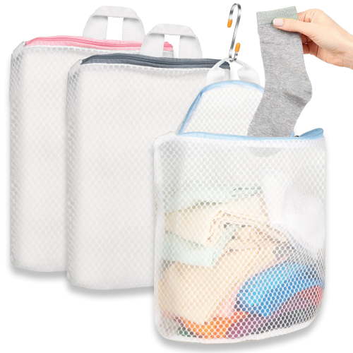3Pcs Mesh Laundry Bags for Socks with Hooks, Large Washing Machine Organizer for Underwear Clothes Storage, 3 Color Hanging Laundry Bags, White