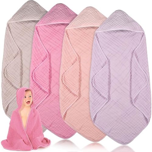 Peryiter 4 Pcs Muslin Hooded Baby Towels, 32"x 32" Cotton Newborn Bath Towel Muslin Infant Baby Blankets Absorbent Unisex Christmas Registry Gift Essentials for Girls Boys (Pink Series)