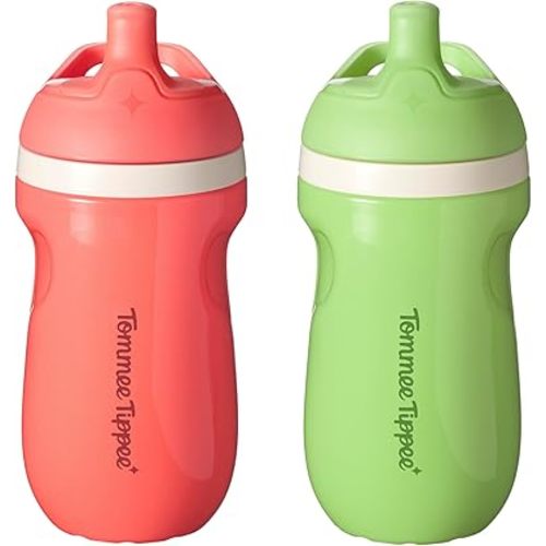 Tommee Tippee Insulated 9oz Sporty Spout Toddler Water Bottle, No Spill, Sippy Cups for Toddlers 1-3, Two-Piece Valve Helps Stop Spills, Green & Red, BPA Free, Pack of 2