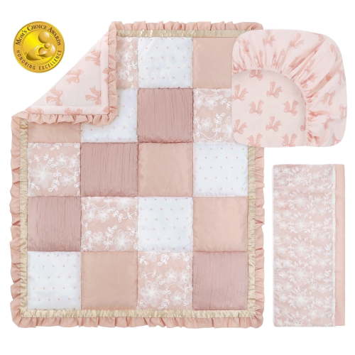 The Peanutshell 3 Piece Baby Crib Bedding Set for Girls - Cotton Fitted Crib Sheet, Layered Dust Ruffle, Comforter, Newborn, Infant & Toddler Vintage Nursery Bed Set Decor, Pink, Gold, Floral - Grace