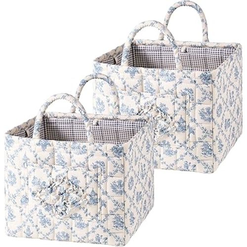 Quilted Fabric Storage Basket with Handles 13"x11"x10.6" Boho Floral Foldable Laundry Car Storage Basket for Clothes Groceries Light Blue, 2Pack