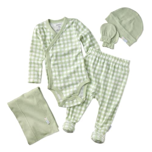 Butterblu Check Me Out 6-Piece Baby Layette Gift Set 100% Organic Cotton | GOTS Certified Organic Cotton for Baby Girls, Boys, Unisex, Made to Match Gifts for Baby Registry, 0-3 Months