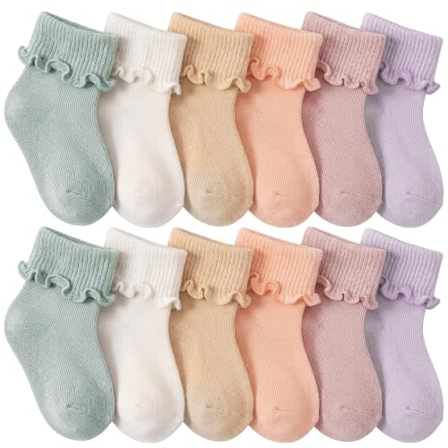 Toulite 12 Pair Preemie Newborn Baby Socks | Ruffle Turn Cuff Non-slip Warm, Soft Cotton Ankle Cuff for Preemie Newborn Girls Boys,Gift Infant Socks