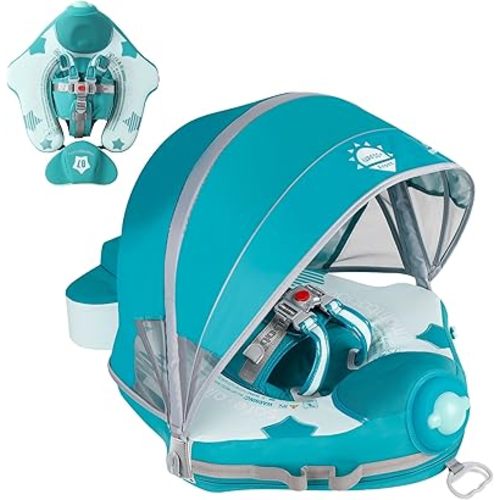 Mambobaby Float with Canopy Baby Float No.7 Airplane Add Tail Baby Pool Swim Float Air Free Solid Swimming Trainer Non-Inflatable Water Floats for Infant 3-24 Months, Bluegreen