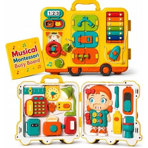 Musical Montessori Busy Board for 1 Year Old to 4 Years Old | 8-in-1 Sensory Gameplay | Educational Toys for Babies | Fine Motor Skills, Thinking & Senses | Toddler Busy Board Gift for Girls & Boys