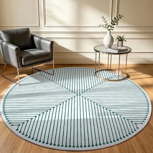 YIHOUSE Modern Washable 6ft Round Rug for Living Room, Green and White 6x6 Circle Rugs for Bedroom Non Slip Non Skid, Striped Carpet for Dining Room Playroom Home Office Decor