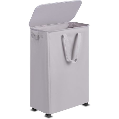 Slim Laundry Hamper with Lid and Wheels, Small Rolling Laundry Basket with Handle for Small Spaces, Tall Dirty Clothes Hampers for Dorm, Bathroom and Bedroom, 75L, Grey