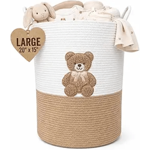 Teddy Bear Large Laundry Hamper for Nursery – 20"x15" Cotton Rope Woven Basket with Handles – Baby Clothes Hamper, Blanket Storage, Stuffed Animal Organizer – Gender Neutral Nursery Decor