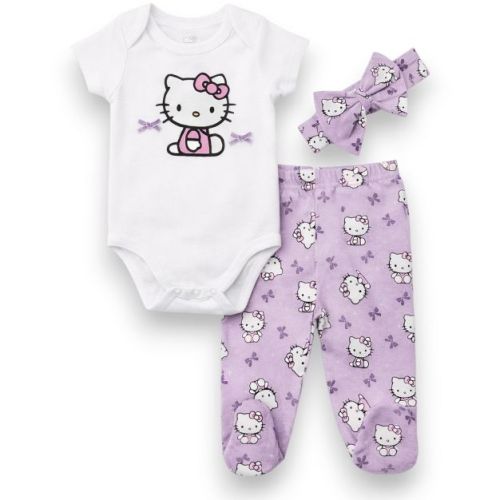 Hello Kitty Baby Girls' 3-Piece Bodysuit, Footed Pants and Headband Set, White/Purple Bows, 3 Months