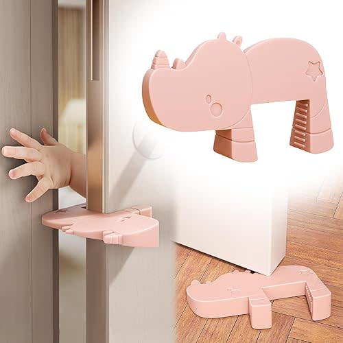Rhino Door Stopper 2-Pack, Solid Silicone Cute Door Stopper Wedge and Door Pinch Guard, Anti-Slam & Finger Safety Protector for Kids & Pets, Ideal for Home, Office, Nursery (Pink)