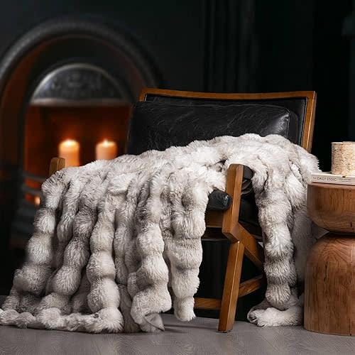Soft Luxury Fluffy Faux Rabbit Fur Throw Blanket, Thick Warm Bubble Throw for Bed, Cozy Plush Reversible Blankets for Couch, Chair, Sofa, Light Grey, 50x60 Inches | Ultra Soft, Warm, Cozy, Fluffy, Plush, Thick, Luxury, Reversible, Bubble Throw, for Bed