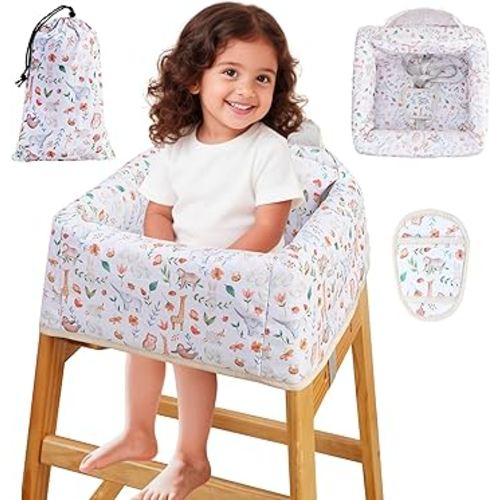 Lunobubo High Chair Cover Portable with 3-Point Harness, Waterproof Baby Seat Cover for Restaurant Travel Home Use, Machine Washable, Fits Wooden Chairs (Yellow Animal)