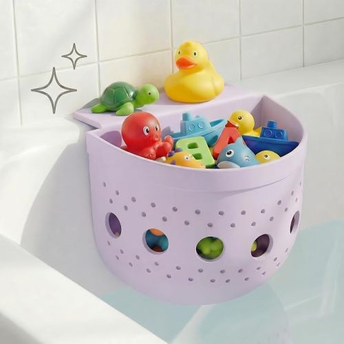 Bath Toy Organizer for Tub with Suction Cup - Silicone Bath Toy Storage Holder, Bathtub Toys Organizer and Holder for Easy Access & Sorting，Light Purple