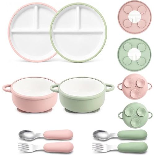 Daximo 8 Pcs Ceramic Baby Plates Set with Suction Sleeves, Spoons & Forks