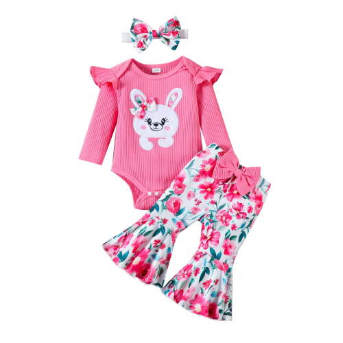 RMGVDSD Baby Girl Clothes Toddler Girls Long Sleeve Easter Romper Bodysuit Floral Print Flare Pants Headbands 3 Piece Outfits Cute Clothing 0-3 Months