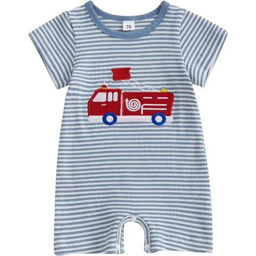 Newborn Baby Boy Summer Outfit Fire Truck Romper Short Sleeve Waffle Striped Jumpsuit One Piece Firefighter Clothes