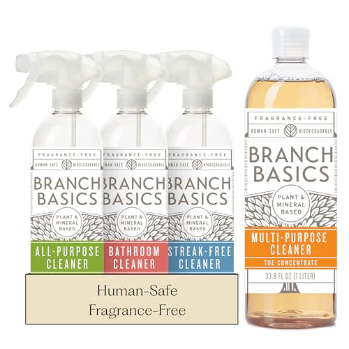 Branch Basics Cleaning Essentials Kit: All Purpose, Glass, Bathroom Cleaner | Plant-Based, Human-Safe, Fragrance-Free. Comes with Concentrate (33.8 oz) + Refillable Plastic Bottles (24 oz). 17 Refills