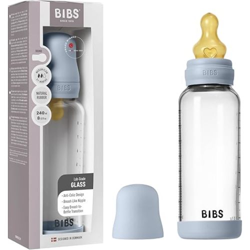BIBS Baby Glass Bottle. 8 US fl oz / 240 ml. Anti-Colic. Vented Round Natural Rubber Latex Nipple. Supports Natural Breastfeeding, Medium Flow, Complete Set - Baby Blue