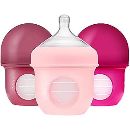 Boon Nursh Bottles - Slow Flow - Silicone Baby Bottles Help Ease Colic Symptoms - Formula and Breast Milk Only Touch Platinum Food-Safe Silicone - Pink - 0-3 Months - 3 Count - 4 Ounce