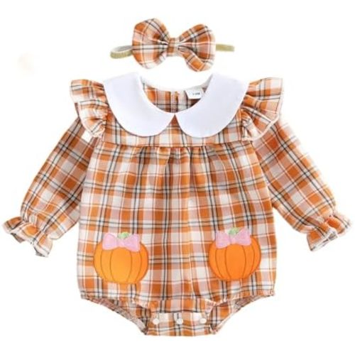Baby Girls Christmas Clothes Santa/Pumpkin/Ghost Embroidery Plaid Romper Halloween Bodysuit with Headband Set