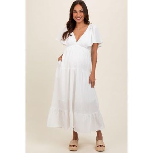 Pinkblush Ivory Deep V-Neck Flutter Sleeve Tiered Maternity Midi Dress Small