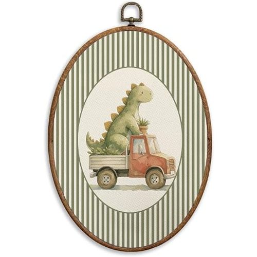 SONMYSULIL Vintage Dinosaur Nursery Wall Art Decor, Boys Room Dino Oval Wall Hanging Decor, Truck Car Dinosaur Framed Canvas Prints for Kids Toddler Boy Nursery Room Bedroom Playroom, 8.6x11.4 Inch