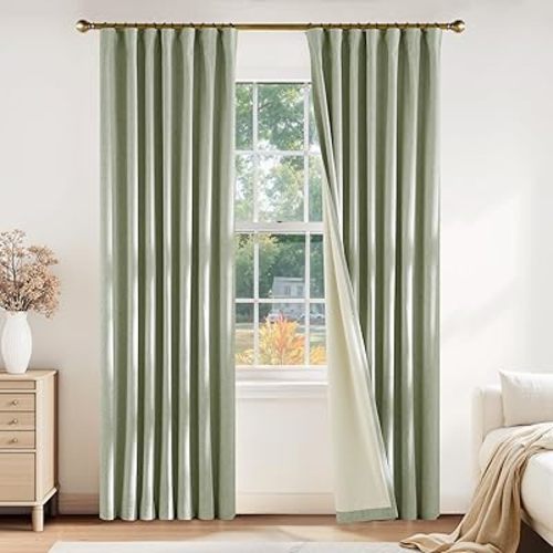 PONY DANCE Light Sage Green Totall Blackout Linen Curtains for Bedroom, Thermal Insulated Window Covering Heat Blocking Hooks Pleated Back Tab Boho Drapes for Dining Room,W52 x L84 inch, 2 Panels