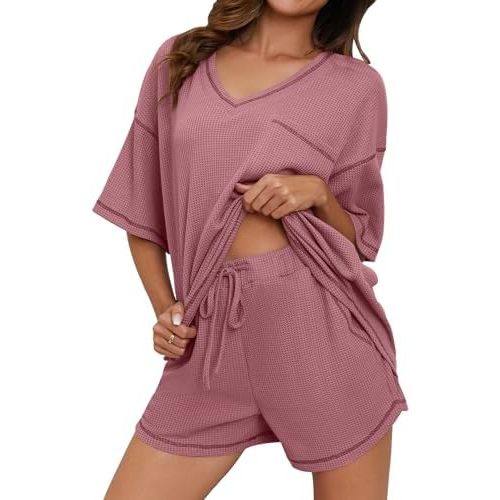 Womens Pajama Sets Waffle Knit 2 Piece Short Lounge Set Cute Sleep Loungewear Pjs Set Short Sleeve Top and Shorts
