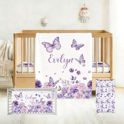 Personalized Baby Girl Crib Bedding Set with Name, Purple Butterfly 3 Piece Nursery Bedding with Flannel Blanket, Fitted Crib Sheet and Changing Pad Cover, Newborn Toddler Gift
