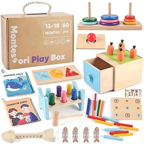 Wooderma Wooden Montessori Toys for 1+ Year Old, 9 in 1 Learning Educational Toys, Wooden Toy with 3 in 1 Educational Box, Pound Bench, Shape Puzzle, Cloth Books, Fishbone Matching, Ring Stacker Toy