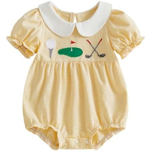 Newborn Baby Girl Clothes Golf Flagstick Embroidery Striped Puff Short Sleeve Jumpsuit Smocked Bubble Outfit