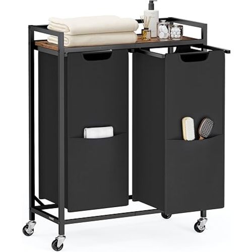 VASAGLE Laundry Sorter, 29 Gal. (110 L) Laundry Hamper Basket with 2 Compartments, Rolling Cart with Wheels, Shelf, Removable Bags, Pockets, Ink Black and Rustic Brown UBLH021B01