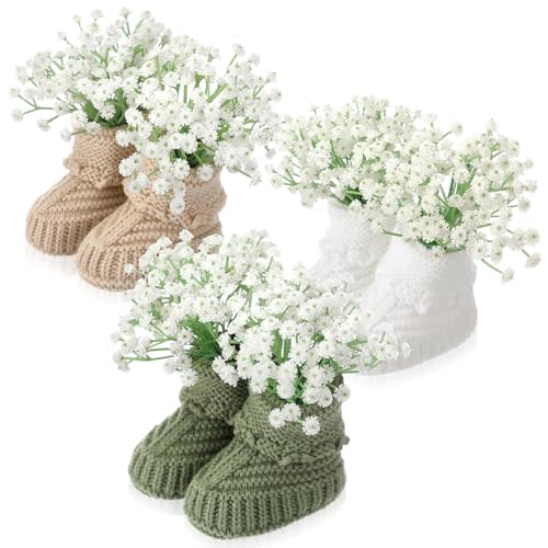3 Set Baby Shower Booties Table Centerpiece Knitted Booties with Flowers | Boho Baby Shower Table Decorations Crochet Baby Booties Bulk with Artificial Flower Bouquet for Gender Reveal Party Decor