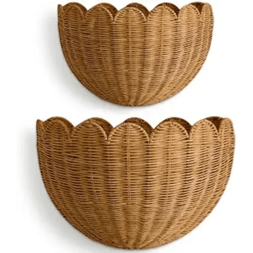 BEBE BASK The Original Scalloped Wicker Wall Basket – Set of 2 – Handwoven Scalloped Wall Baskets (16 x 10 x 7 in), Woven Rattan Wall Hanging Baskets - Mocca Scalloped Basket