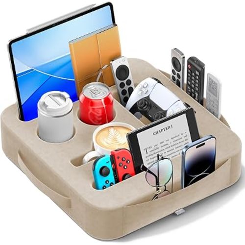 Couch Cup Holder Tray, Couch Caddy for Drink, Snack, Phone, Remote, Ipad, Game Controller, Large-size Sofa Cup Holder for Bed, Sofa, Car, Desk, Khaki