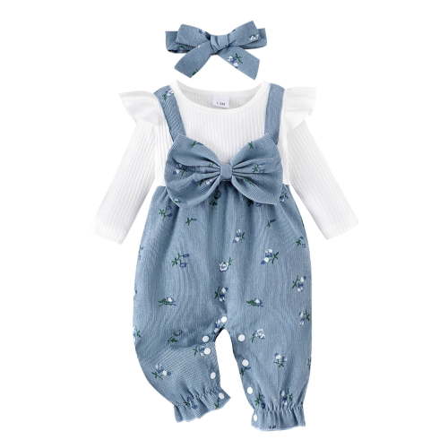 CAICJ98 Newborn Infant Baby Girl Clothes Fall Winter Long Sleeve Bubble Romper Floral Bow One Piece Jumpsuit Cute Outfits Blue,Size 1-3 Months