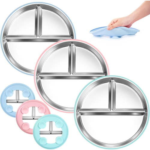 Stainless Steel Kids Plates Suction Plate for Baby,3 Packs Non-Toxic Divided Toddler Plates,Food-Grade Silicone Plate for Baby,Dishwasher Safe