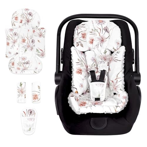 CARUILI Infant Car Seat Insert and Strap Covers, Very Soft Car Seat Head Support Baby Girl Boy, Reversible Newborn Carseat Insert Cushion Fits for Stroller, Baby Swing, Bouncer (White Flower)
