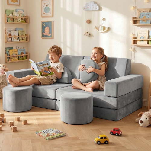 Caveen 14Pcs Kids Play Couch, Modular Foam Toddler Sofa, Gray, Floor Seating and Cushions